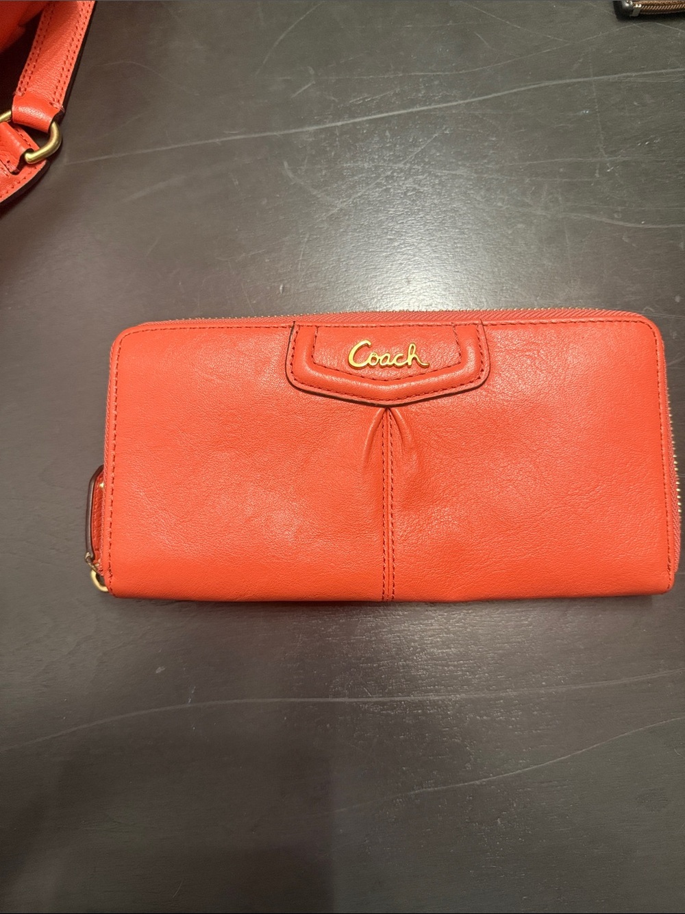 Coach Orange Leather Zip-Around Wallet with Gold Logo